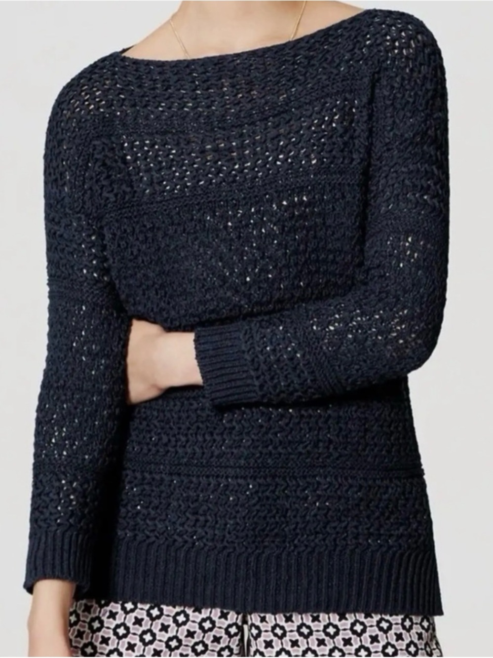 LOFT Navy Open-Knit Boatneck Sweater. Size Small - Picture 1 of 8